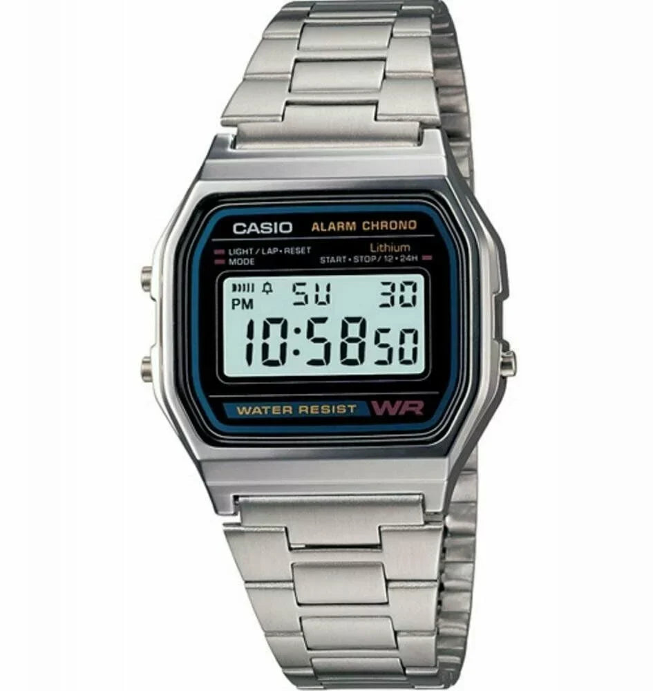 a with and Adjustable Auto and Classic Casio Stopwatch, Calender Resistant with Watch, Stainless Clasp Features, Lock, Water Bracelet Digital Steel Men's Alarm