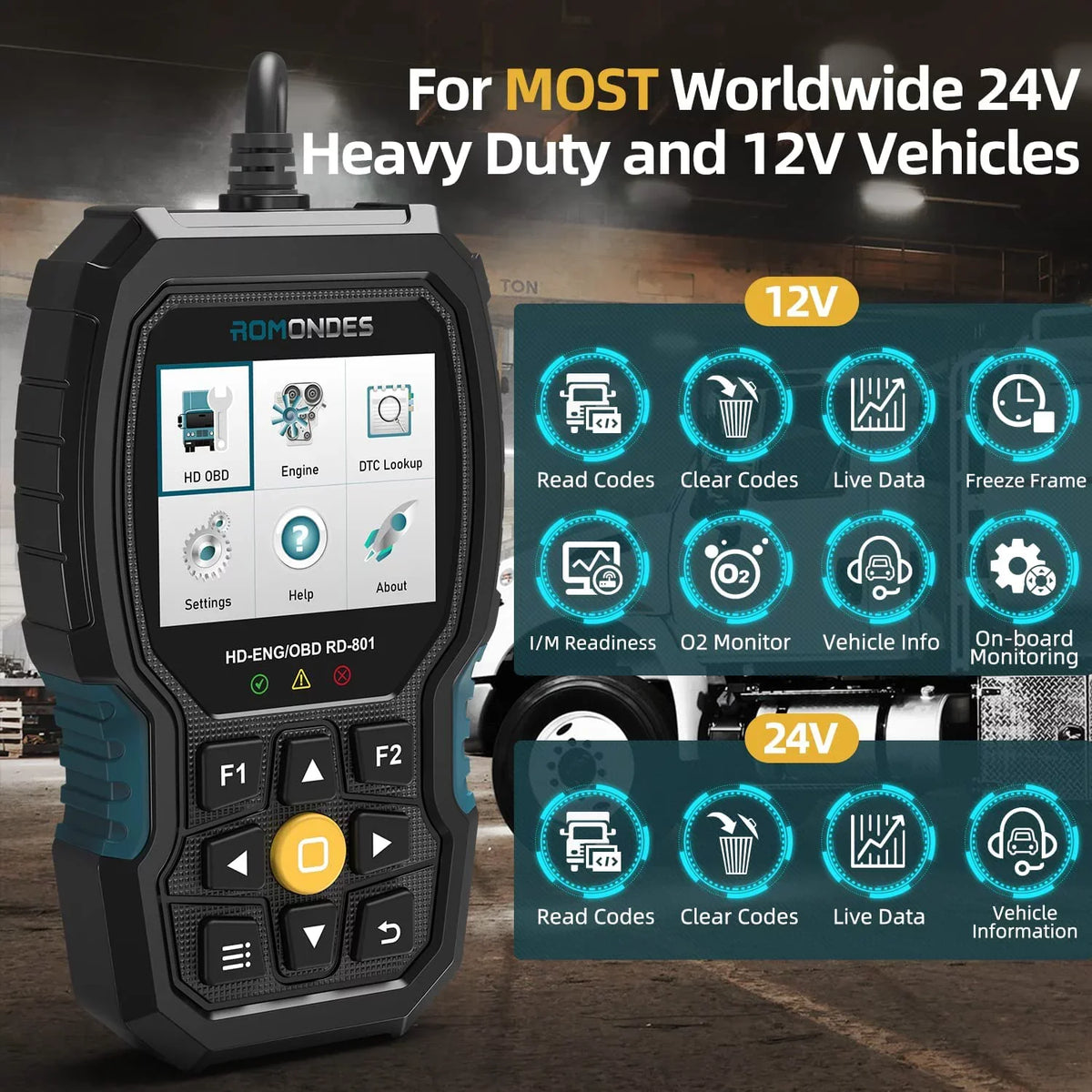 Code Scan Duty DAF Car Scanner Cummins, Tool Scanner Hino, Truck for Diagnostic Man, Engine & Heavy in EOBD , Tool Fuso, Truck Auto 1 2 Romondes Diesel UD OBD2 RD801 Scania, HD Reader Check OBD OBD
